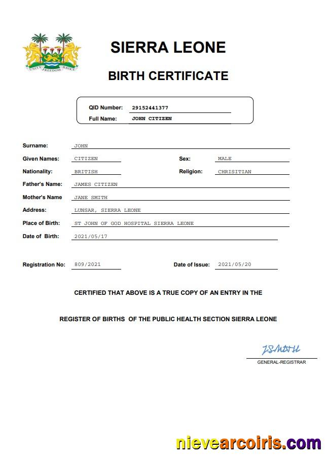 Sierra Leone birth certificate